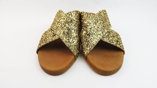 Ciabatte incrociate in pelle con glitter oro