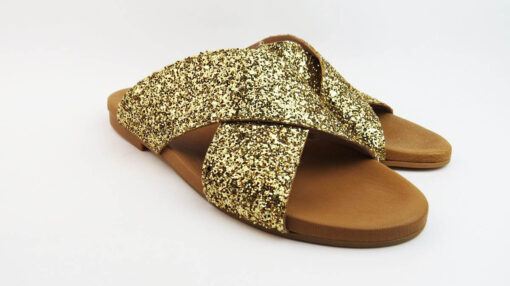 Ciabatte incrociate in pelle con glitter oro