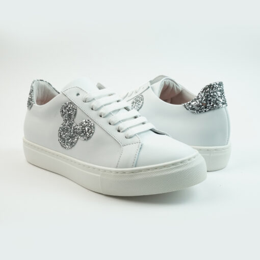 Sneakers basse in pelle colore bianco con topo face e talloncino colore glitter argento