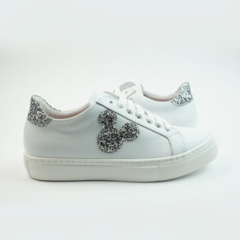 Sneakers basse in pelle colore bianco con topo face e talloncino colore glitter argento
