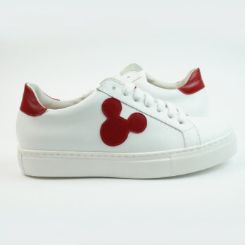 Sneakers basse in pelle colore bianco con topo face e talloncino colore rosso