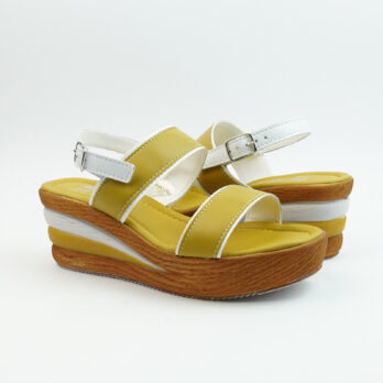 Sandali in vera pelle con cinturino e doppia fascia colore giallo bianco