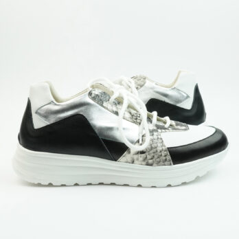 Sneakers running in vitello nero con inserti bianco, argento e stampa pitone roccia