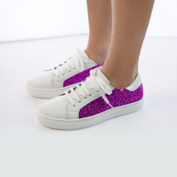 Sneakers da donna in vera pella colore bianco con inserto glitter fucsia elettrico