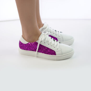 Sneakers da donna in vera pella colore bianco con inserto glitter fucsia elettrico