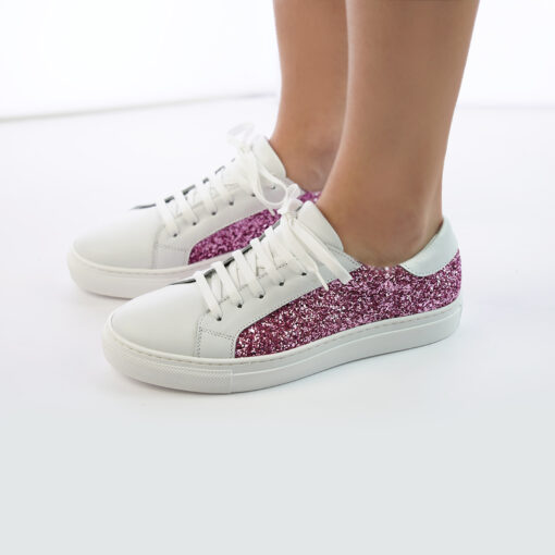 Sneakers da donna in vera pella colore bianco con inserto glitter rosa