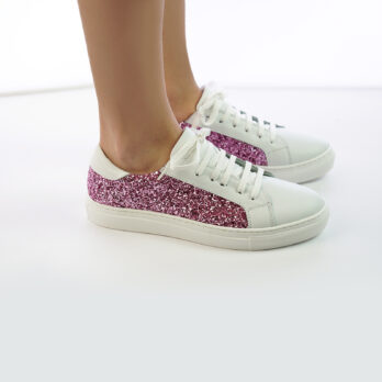 Sneakers da donna in vera pella colore bianco con inserto glitter rosa