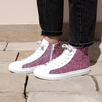 Sneakers da donna in vera pelle con zip laterale colore glitter rosa