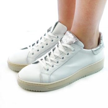 Sneakers donna artigianali vera pelle colore bianco inserti argento