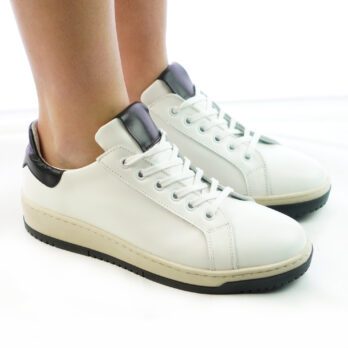 Sneakers donna artigianali vera pelle colore bianco inserti nero