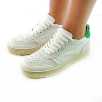 Sneakers donna artigianali vera pelle colore bianco inserti ghiaccio verde