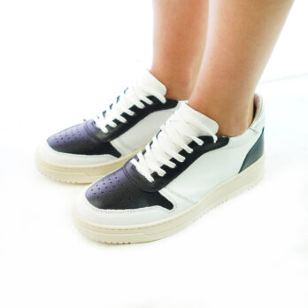Sneakers donna artigianali vera pelle colore bianco inserti nero argento