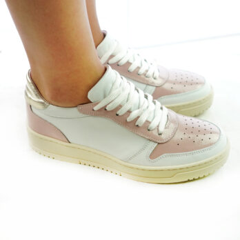 Sneakers donna artigianali vera pelle colore bianco inserti rosa platino 