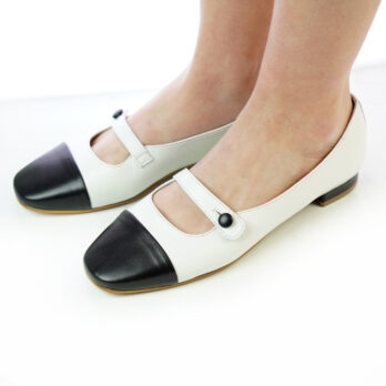 Ballerine artigianali in vera pelle bicolore con cinturino con bottone colore latte