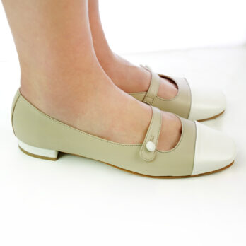 Ballerine artigianali in vera pelle bicolore con cinturino con bottone colore taupe