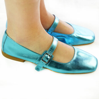 Ballerine Mary Jane artigianali con cinturino in vera pelle laminato blu