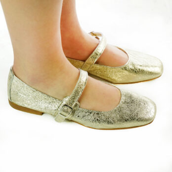 Ballerine Mary Jane artigianali con cinturino in vera pelle laminato platino