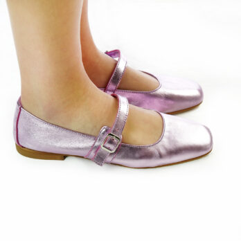 Ballerine Mary Jane artigianali con cinturino in vera pelle laminato rosa