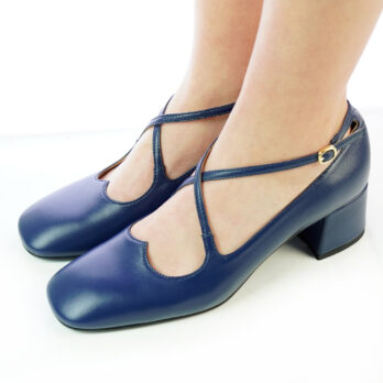 Décolleté donna artigianali con cinturino e scollo a cuore in vera pelle colore blu