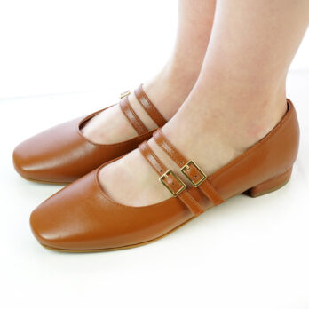 Ballerine artigianali in nappa in vera pelle con due cinturini colore cuoio