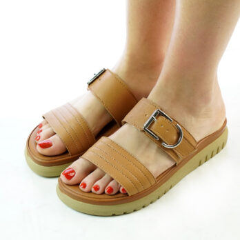 Ciabatte donna in pelle con fibbia colore cuoio