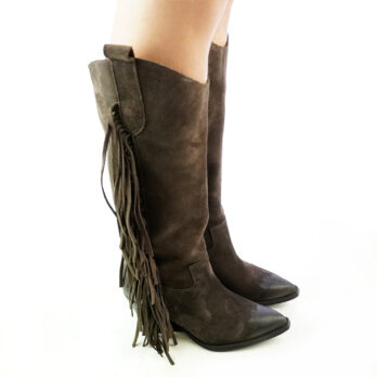 Stivali texani donna alti in camoscio con frange colore testa di moro