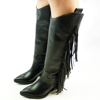 Stivali texani donna alti vera pelle con frange colore nero