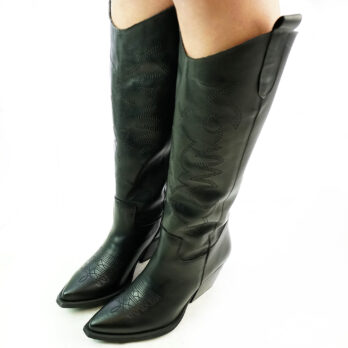 Stivali texani donna alti con ricamo vera pelle colore nero
