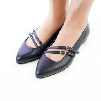 Ballerine donna artigianali vera pelle con due fibbie colore blu