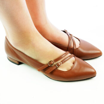 Ballerine donna artigianali vera pelle con due fibbie colore cuoio