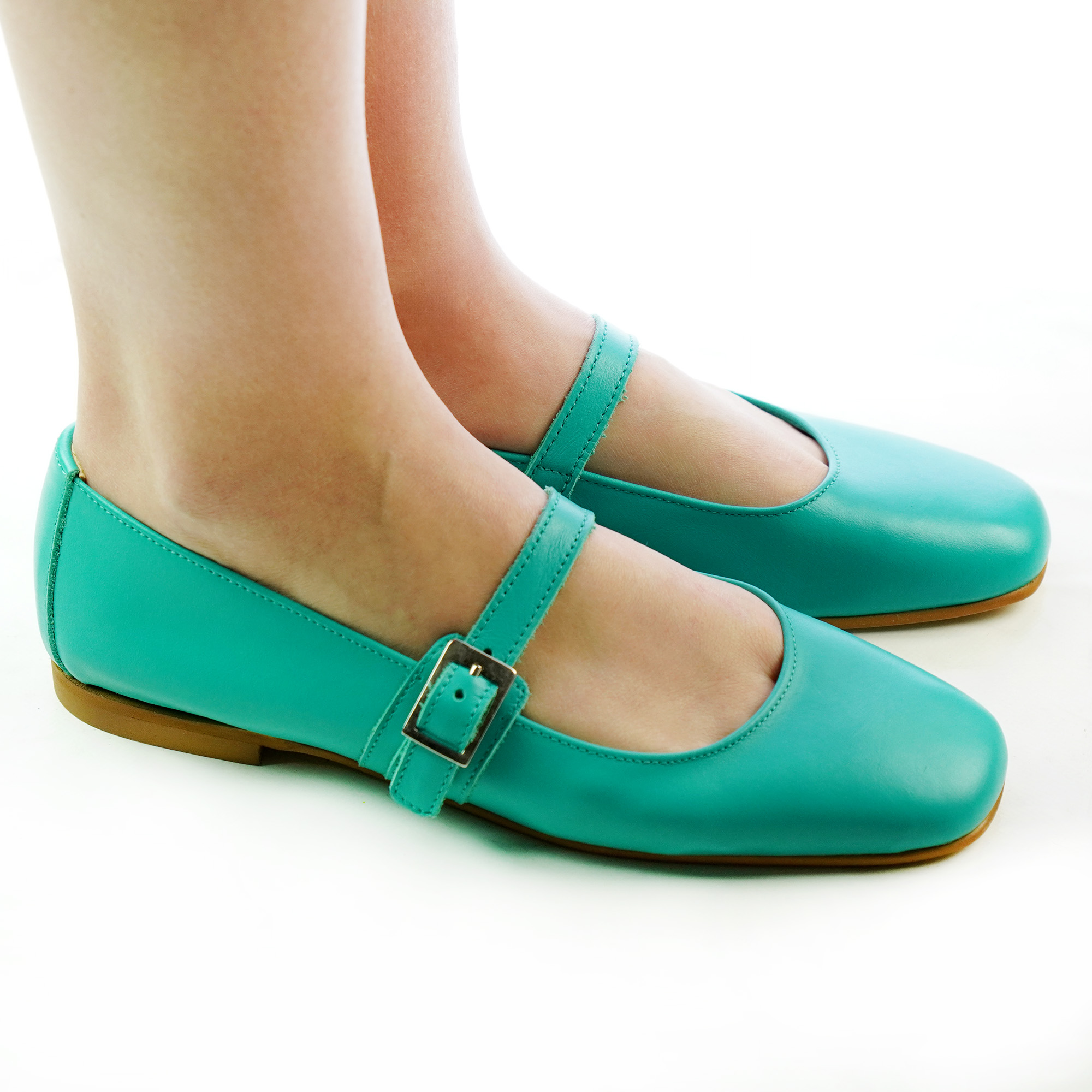Ballerine donna artigianali vera pelle con cinturino laterale colore azzurro