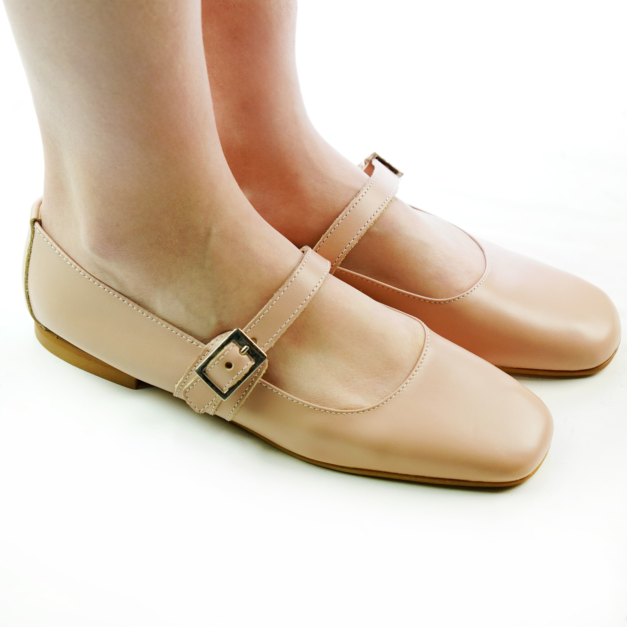 Ballerine donna artigianali vera pelle con cinturino laterale colore nude