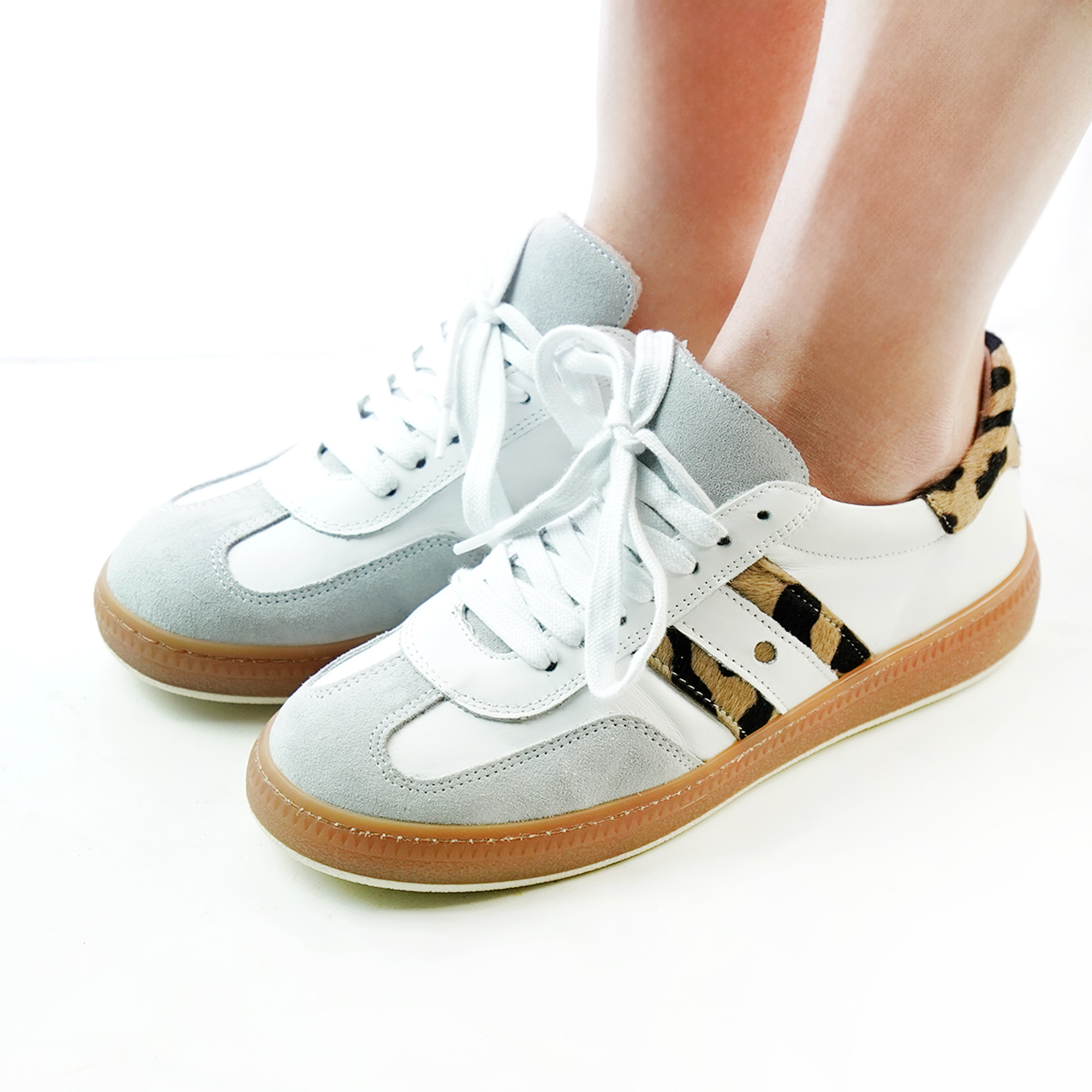 Sneakers donna artigianali vera pelle colore bianco grigio cavallino