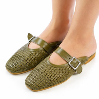 Sabot donna artigianali in vera pelle con cinturino laterale colore verde