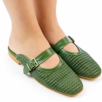 Sabot donna artigianali in vera pelle con cinturino laterale colore verdone